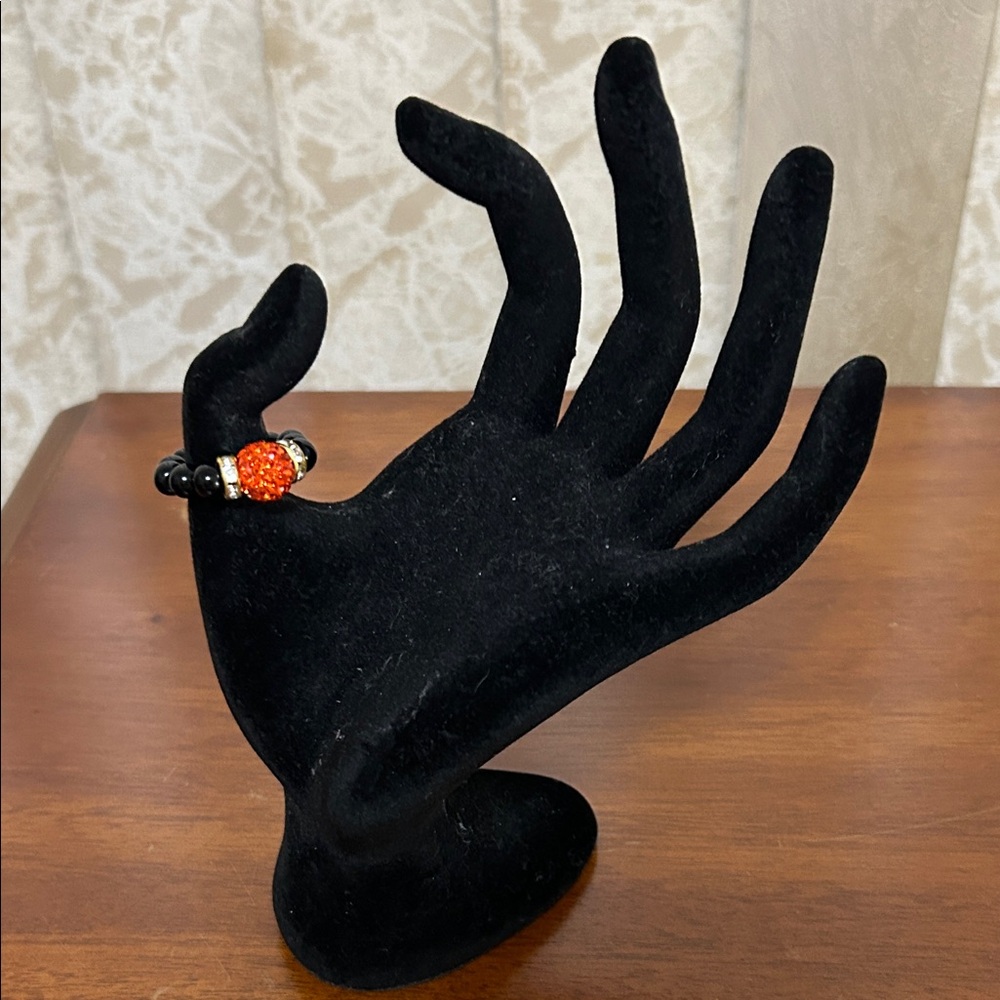 Elegant Black and Orange Beaded women’s Ring, sparkly, size 7~8, 6mm/10mm beads